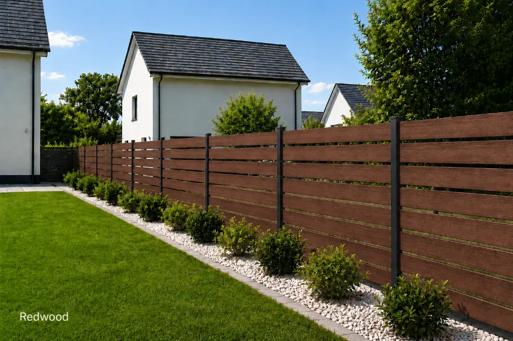 WPC fence with aluminum posts, with spacing, horizontal, 150 mm