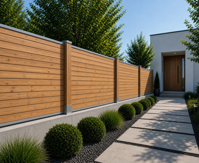 Modern Wooden Fence with Siberian Larch Rhomboid Slats, Horizontal