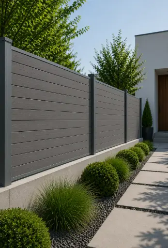 WPC fence with aluminum posts, full, horizontal, 140 mm, grey